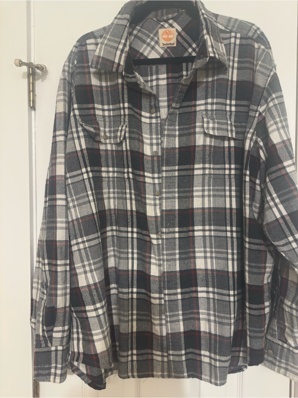 Timberland Men's Plaid Flannel Button-Down Shirt in Gray, White & Red